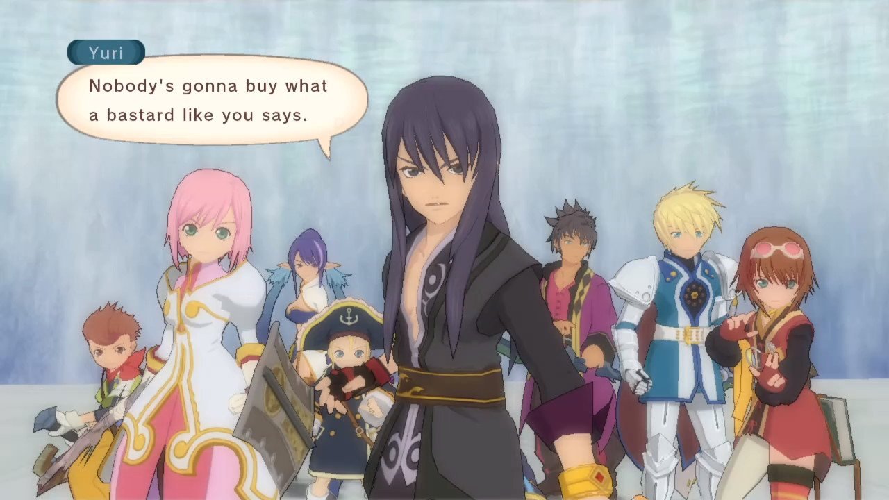 Screenshot from Tales of Vesperia: Definitive Edition, showing eight of the nine party members lined up together